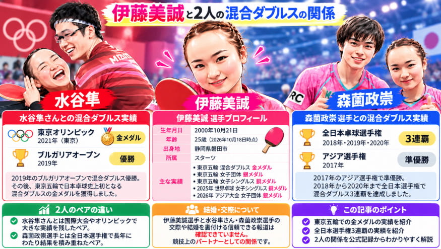 伊藤美誠選手と水谷隼さんの東京五輪混合ダブルス金メダル、森薗政崇選手との全日本選手権3連覇など、2人との競技実績や関係を比較した図解